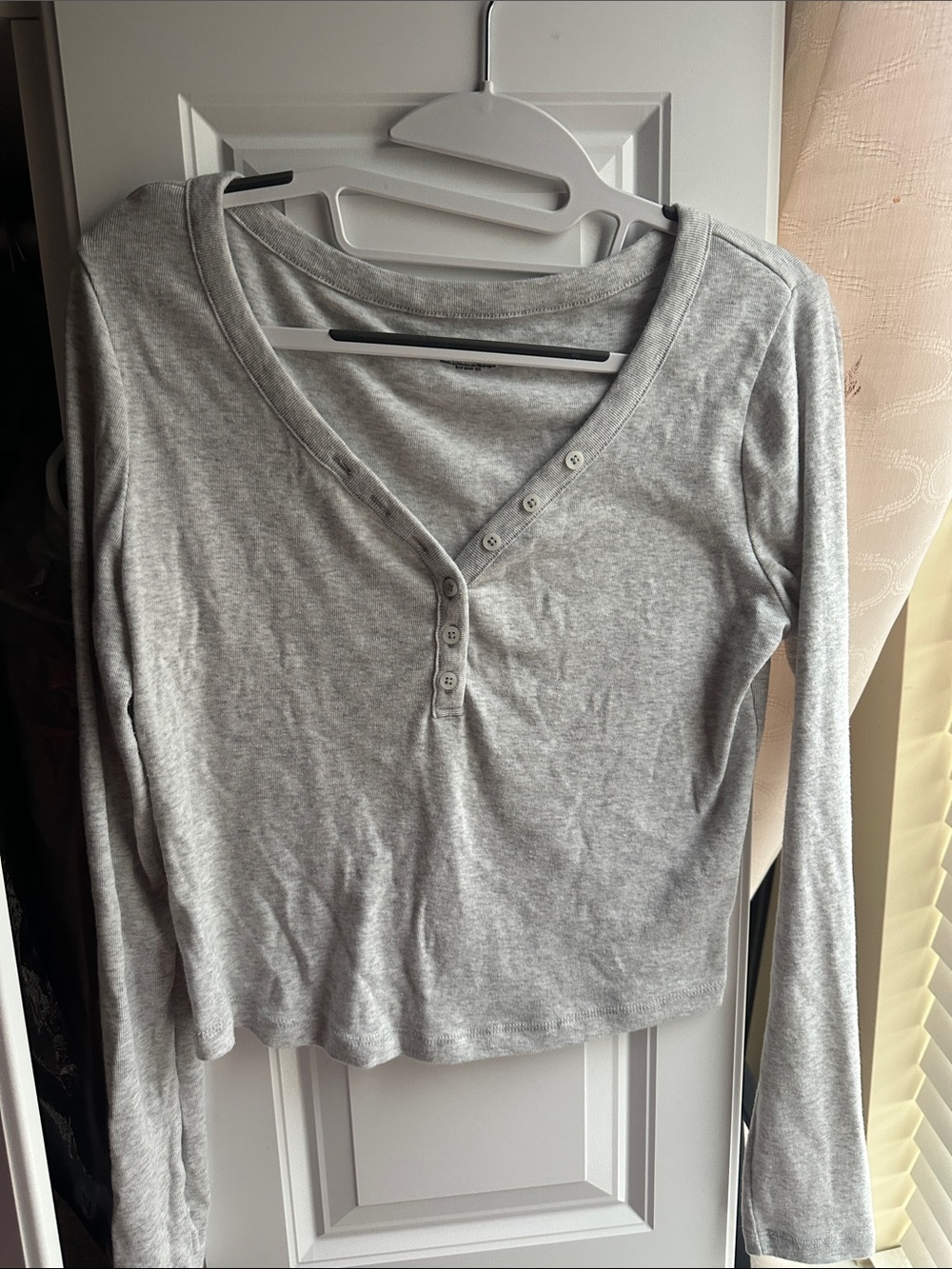 Women's Grey Long-Sleeve Henley Top